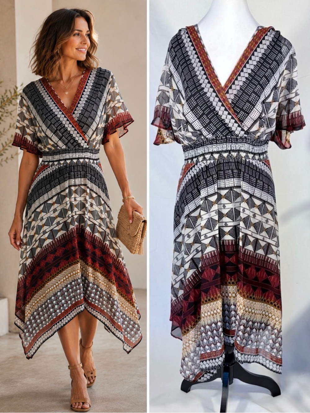 Chris McLaughlin Geometric Print Handkerchief Hem Midi Dress Flutter Sleeve~14💛